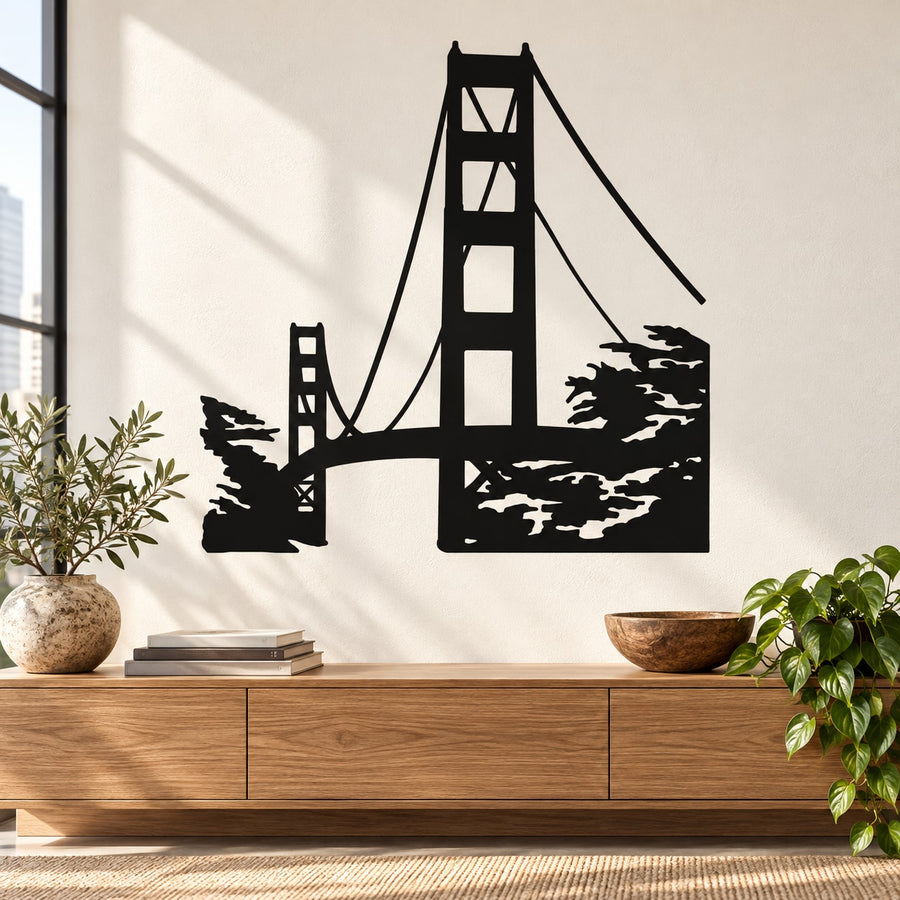 Golden Gate Bridge wall decal with bold black bridge and tree silhouette