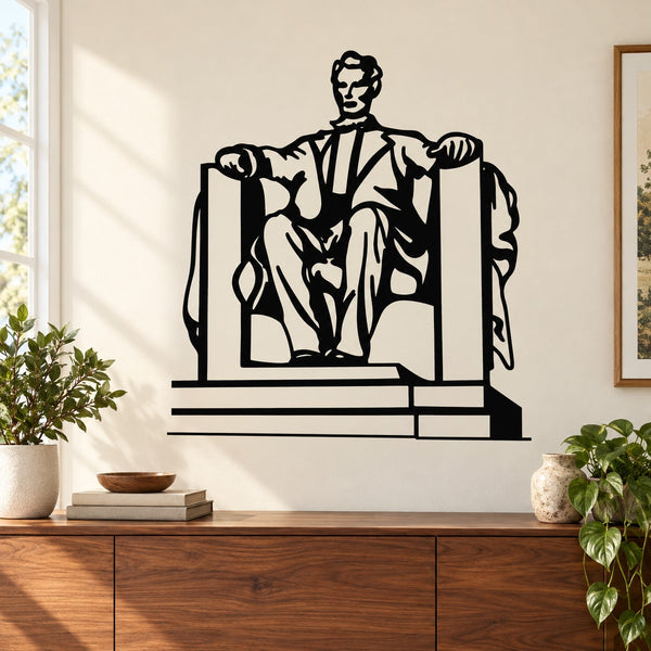 Black seated Abraham Lincoln memorial statue decal with columns and bench