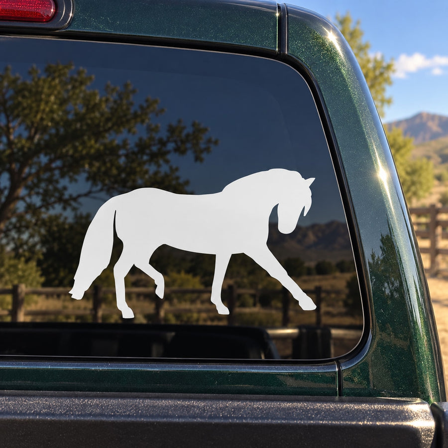 Horse trotting decal with white silhouette on car window