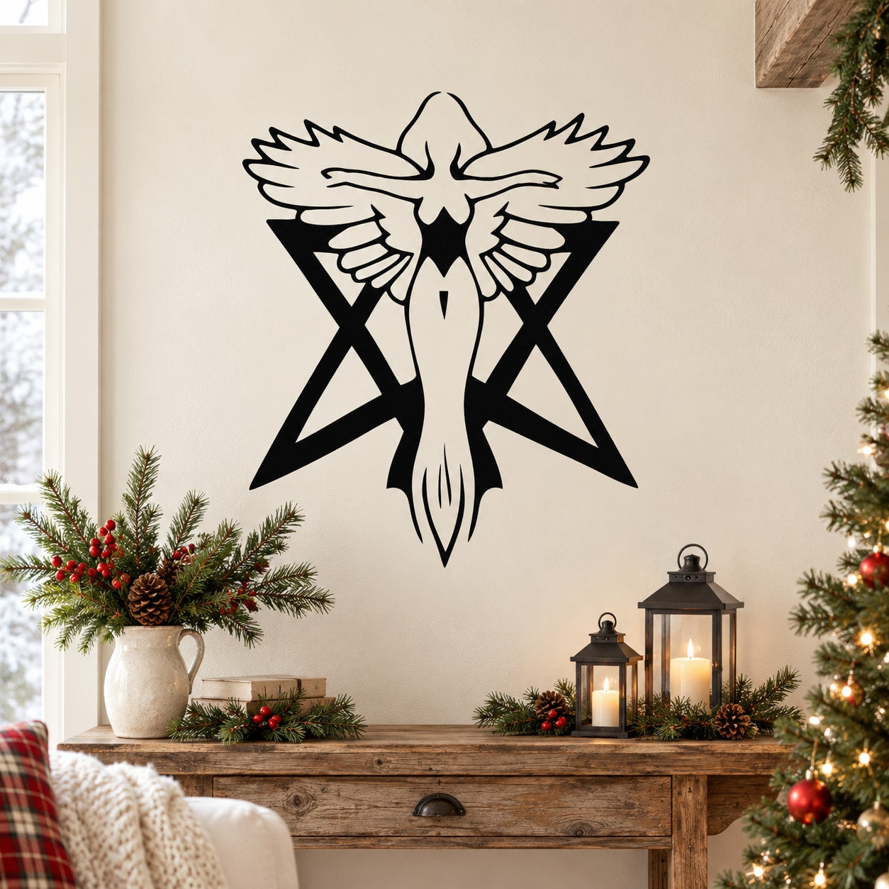 Angel wall decal with winged angel silhouette, black star and crossed swords, white outline
