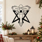 Angel wall decal with winged angel silhouette, black star and crossed swords, white outline