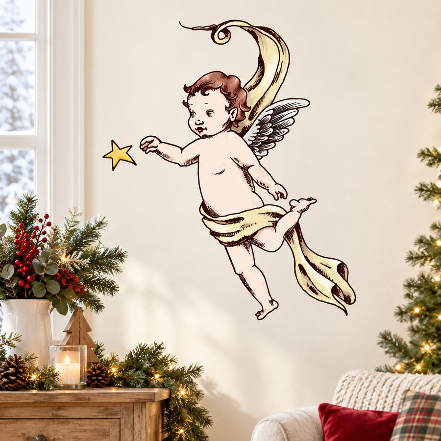 Angel sticker decal: cherub holding a gold star, with gold-trimmed wings and flowing robe.