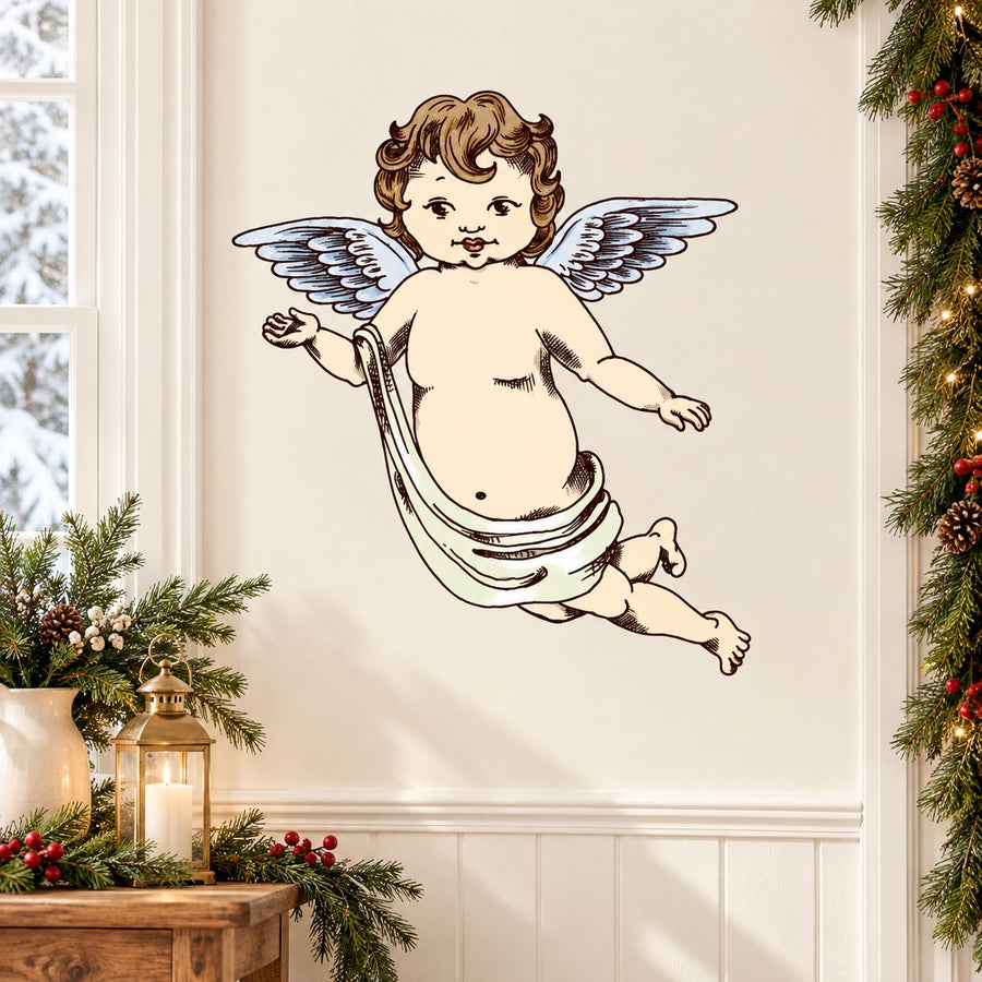 Flying angel sticker with cartoon winged cherub in cream and blue