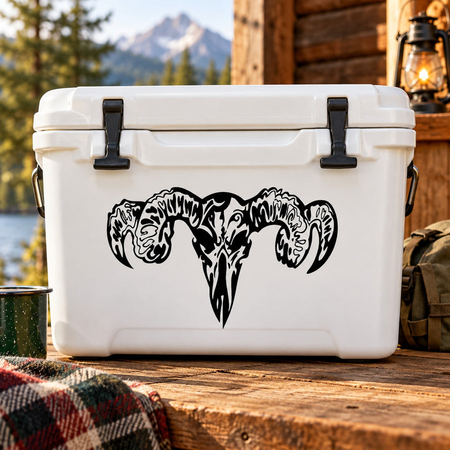 Black animal skull decal graphic on a white cooler lid