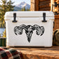 Black animal skull decal graphic on a white cooler lid