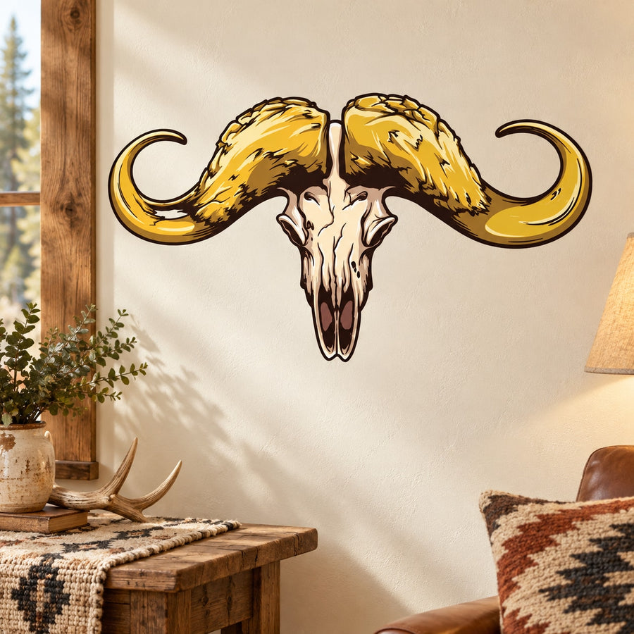 Water buffalo ox skull sticker with blonde horns and dripping skull detail