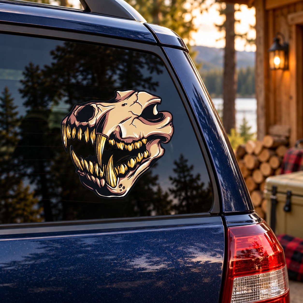 Carnivore skull sticker with snarling gold and black skull art