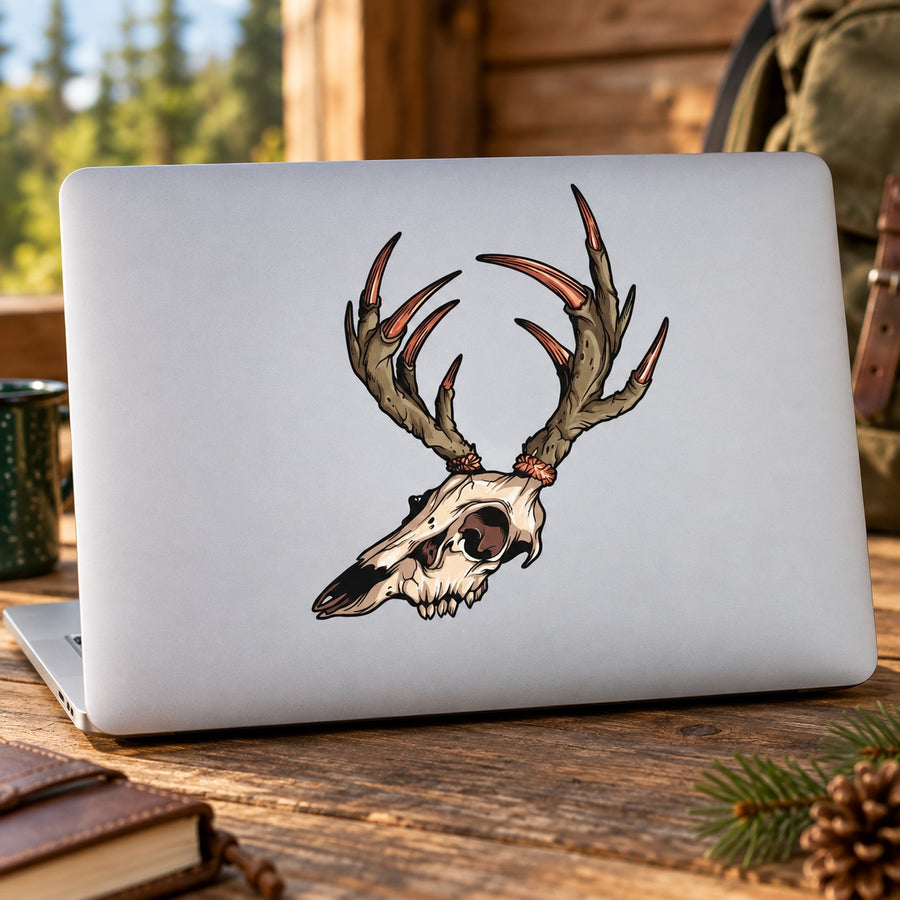 Deer with Antlers Skull Sticker — illustrative vinyl decal application mockup. Surrounding objects are not included.