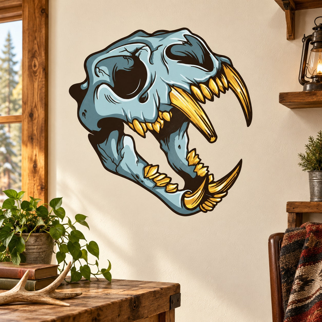 Big cat skull sticker with light blue face and gold teeth, side profile