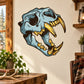 Big cat skull sticker with light blue face and gold teeth, side profile
