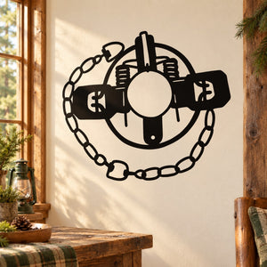 Black circular decal with chain border and trap-like mouth design