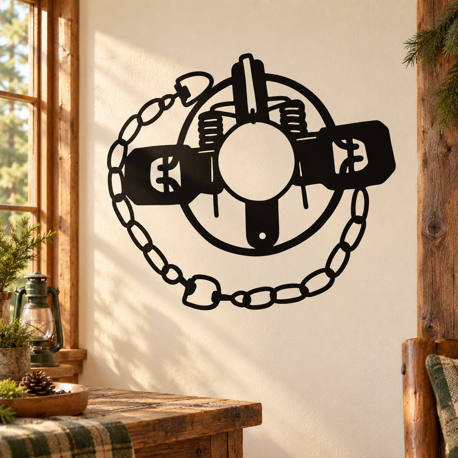 Black circular decal with chain border and trap-like mouth design