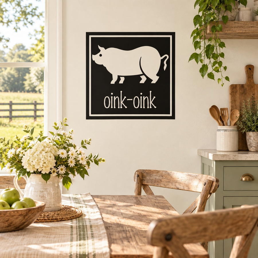 Framed pig oink-oink wall decal, black square frame with white pig silhouette and text