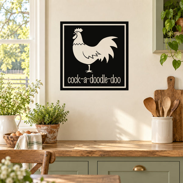 Rooster "cock-a-doodle-doo" decal in black square frame