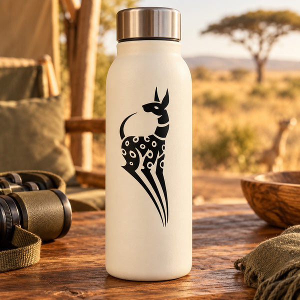 Antelope decorative decal with black antelope silhouette on white bottle