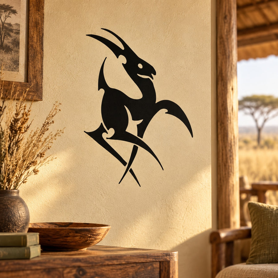 Prancing antelope decal with black silhouette on a wall