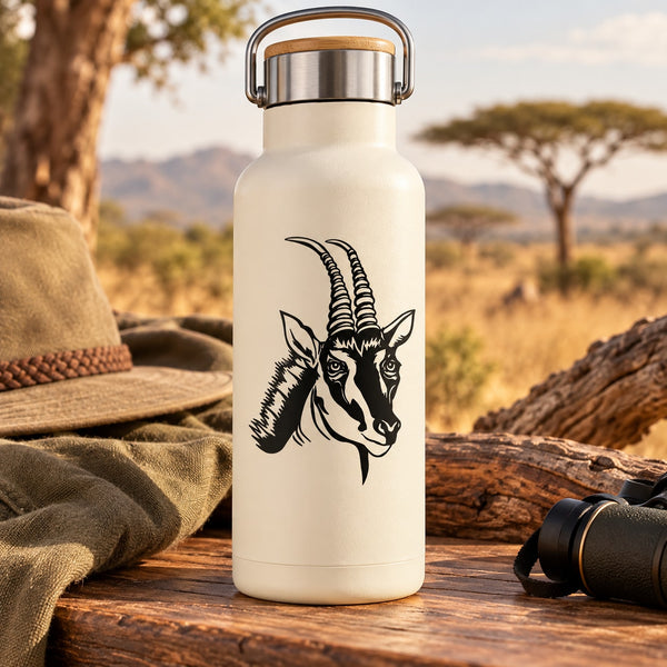 Antelope head decal in black line art on a light-colored bottle