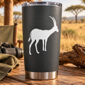 Rising antelope decal on dark tumbler, white antelope silhouette