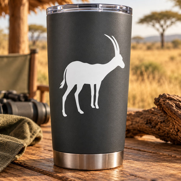 Rising antelope decal on dark tumbler, white antelope silhouette