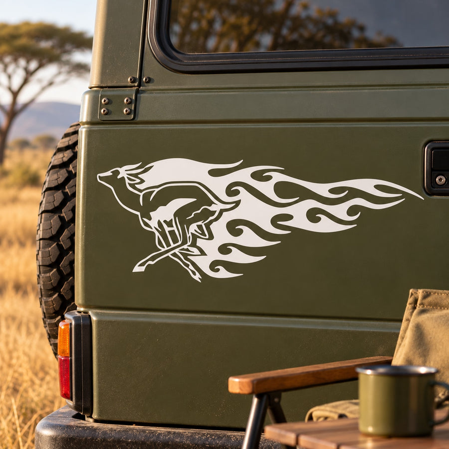 White antelope head with flame swirls decal on green vehicle panel