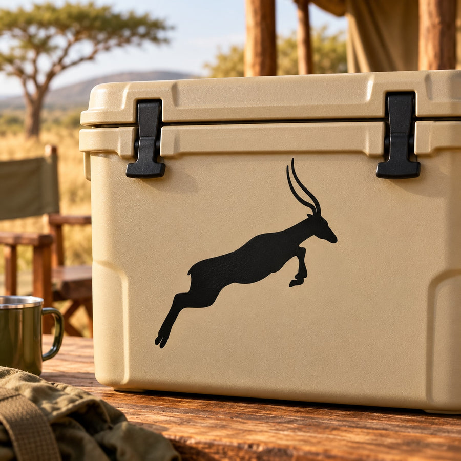 Jumping antelope decal: black jumping antelope silhouette on light tan cooler
