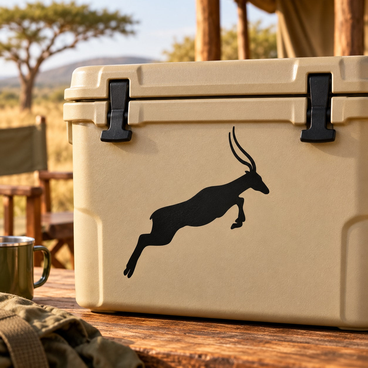 Jumping antelope decal: black jumping antelope silhouette on light tan cooler