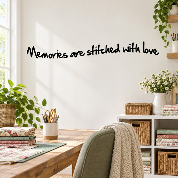 Wall decal with cursive text: Memories are stitched with love