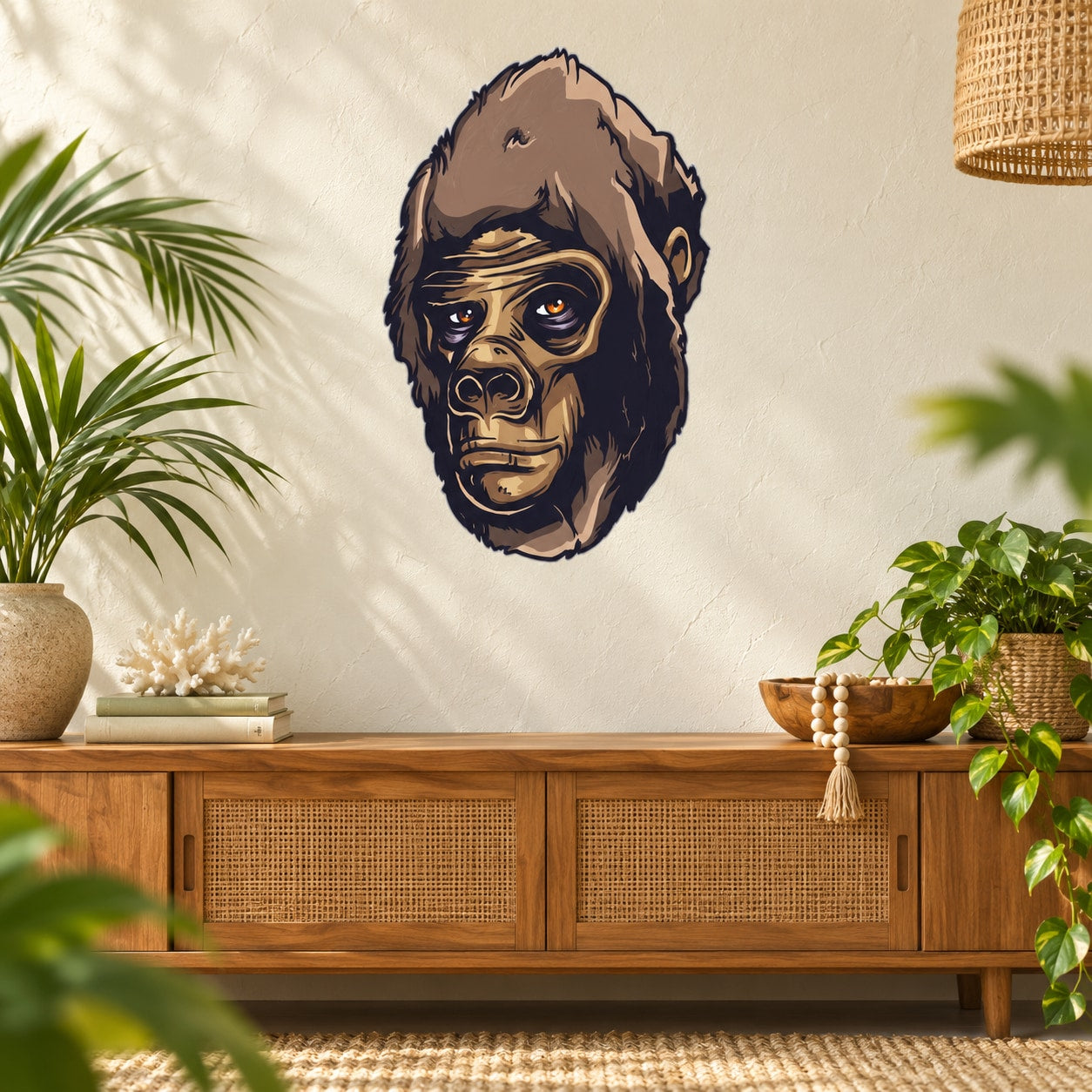 Calm Ape sticker showing an ape face in tan, black, and gold line art.