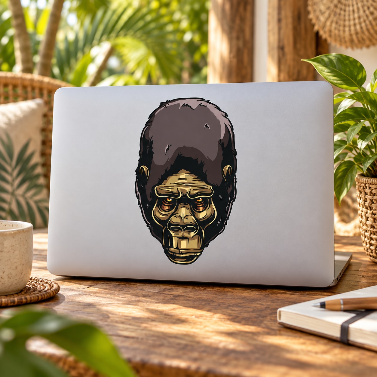 Ape face sticker wearing over-ear headphones, detailed black and gold design