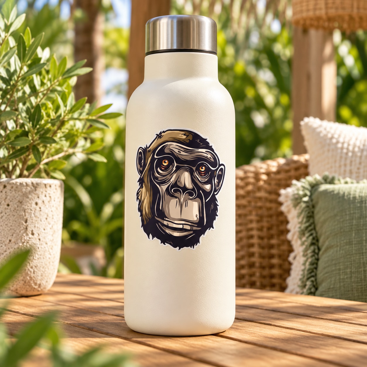 Cartoon ape face sticker on a white water bottle