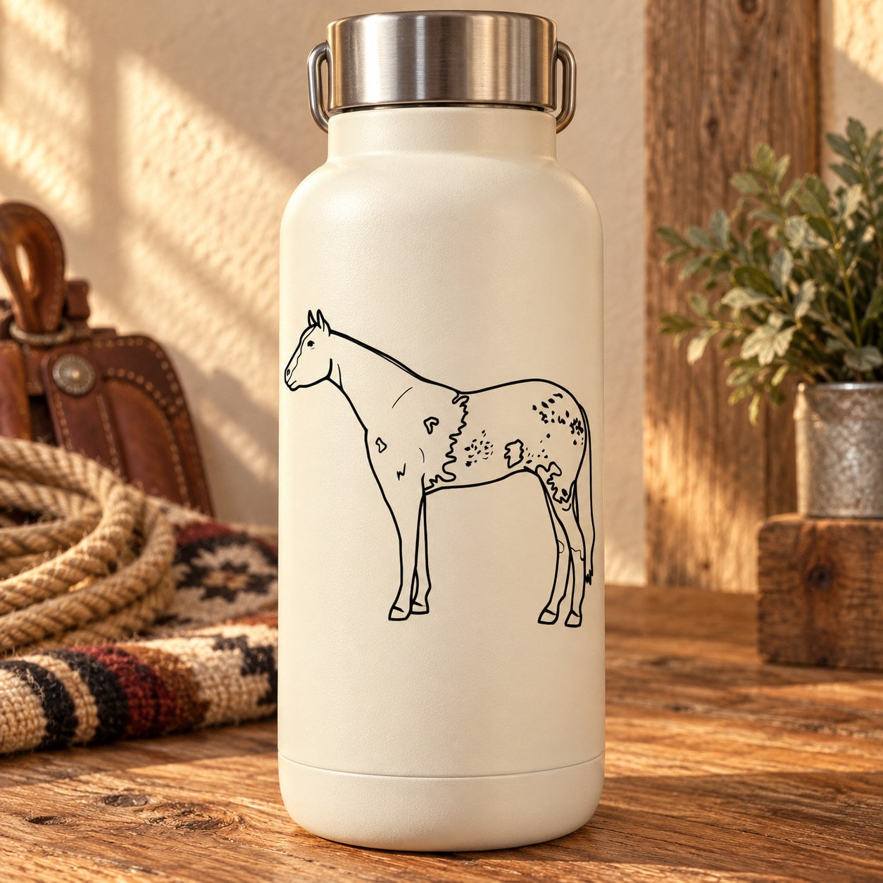 Appaloosa horse line-art decal with black outline on light surface