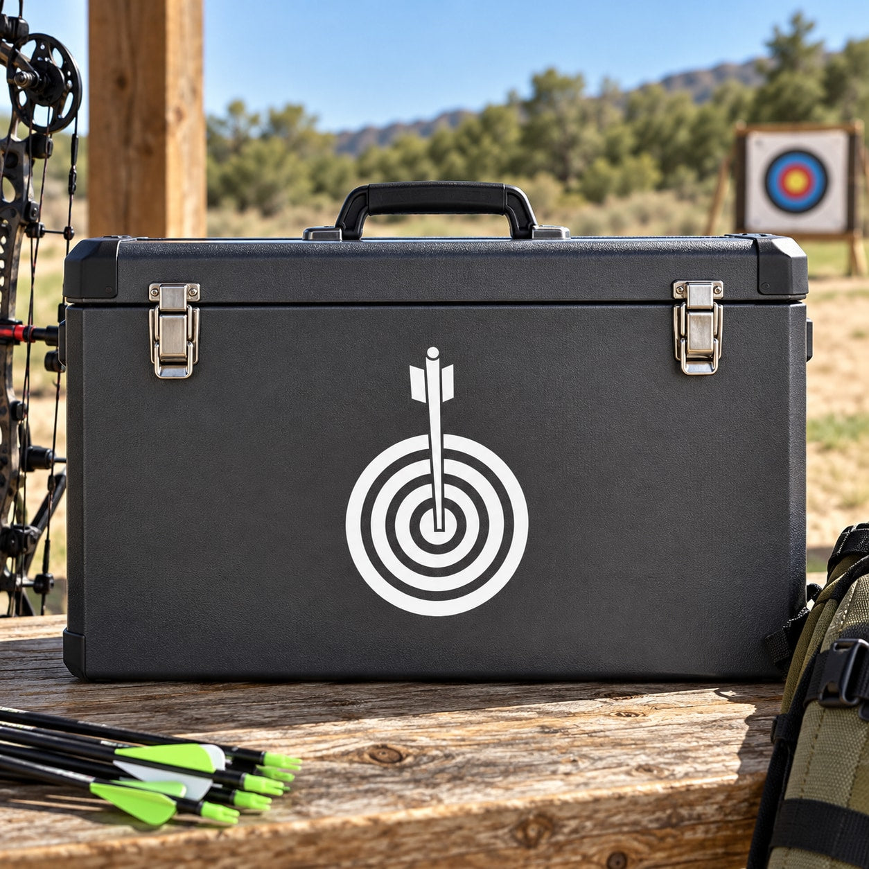 Black rectangular case with carry handle and white target bullseye decal
