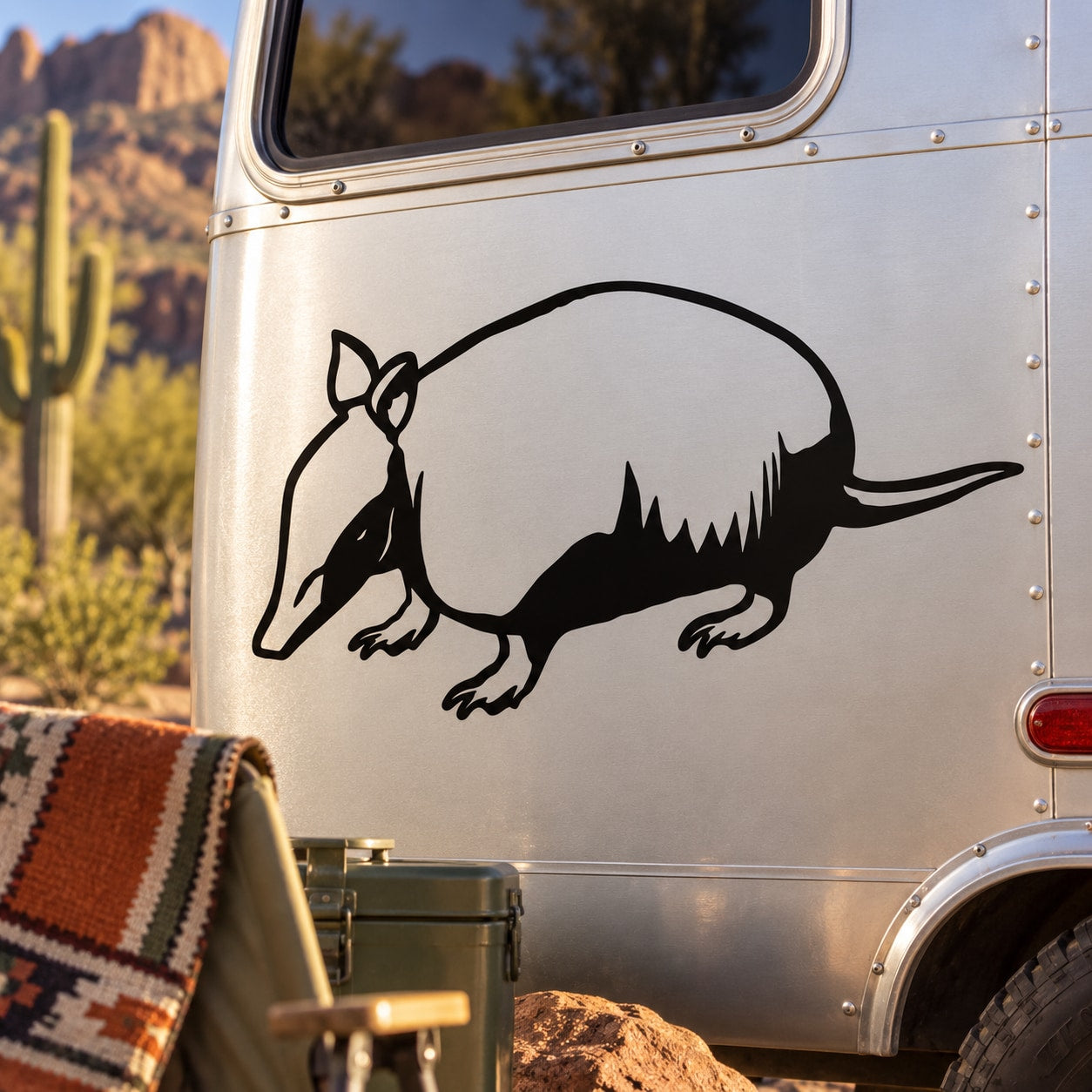 Armadillo decal sticker showing black armadillo silhouette on a silver vehicle panel