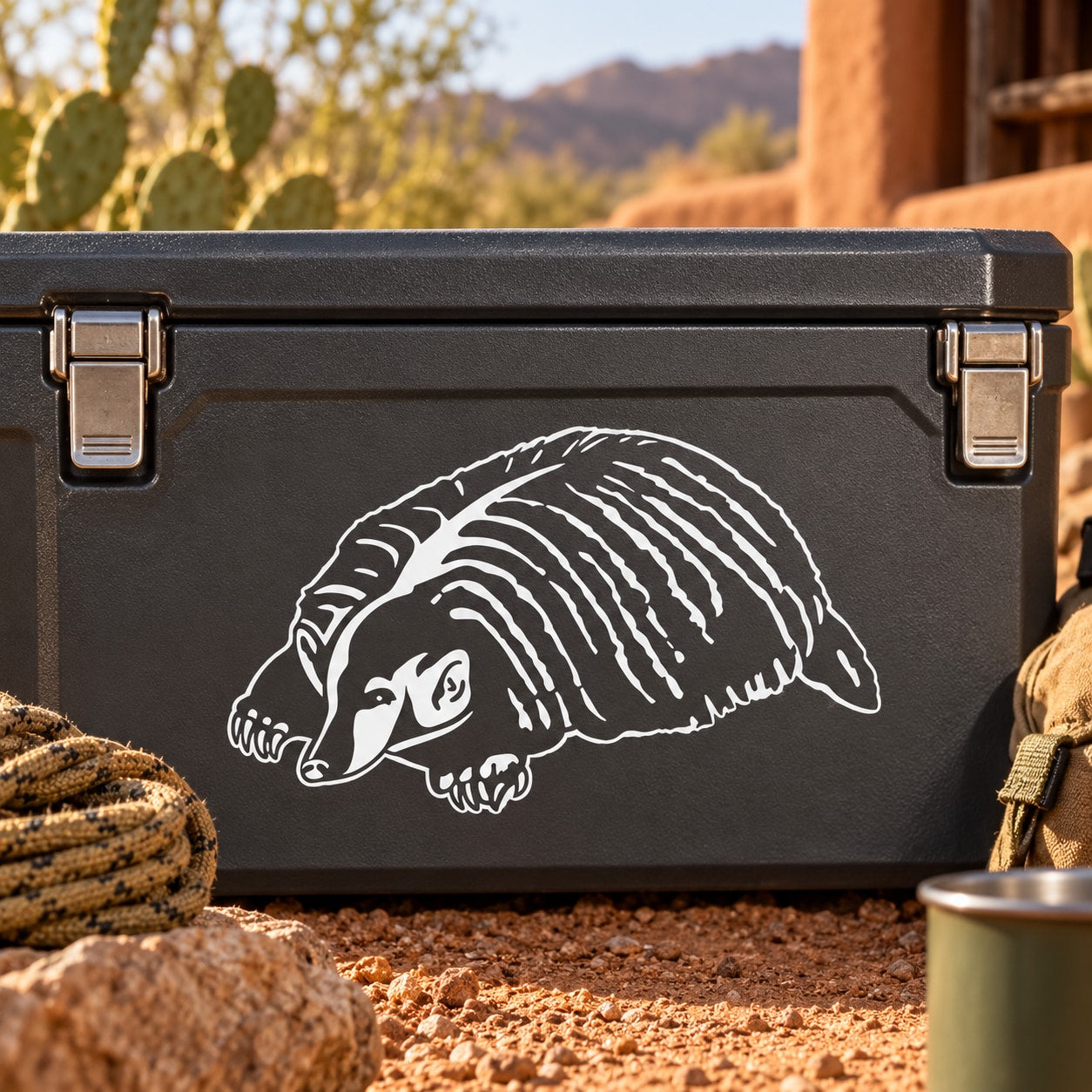 Sleepy Badger decal with white sleeping badger illustration on a dark rectangular surface