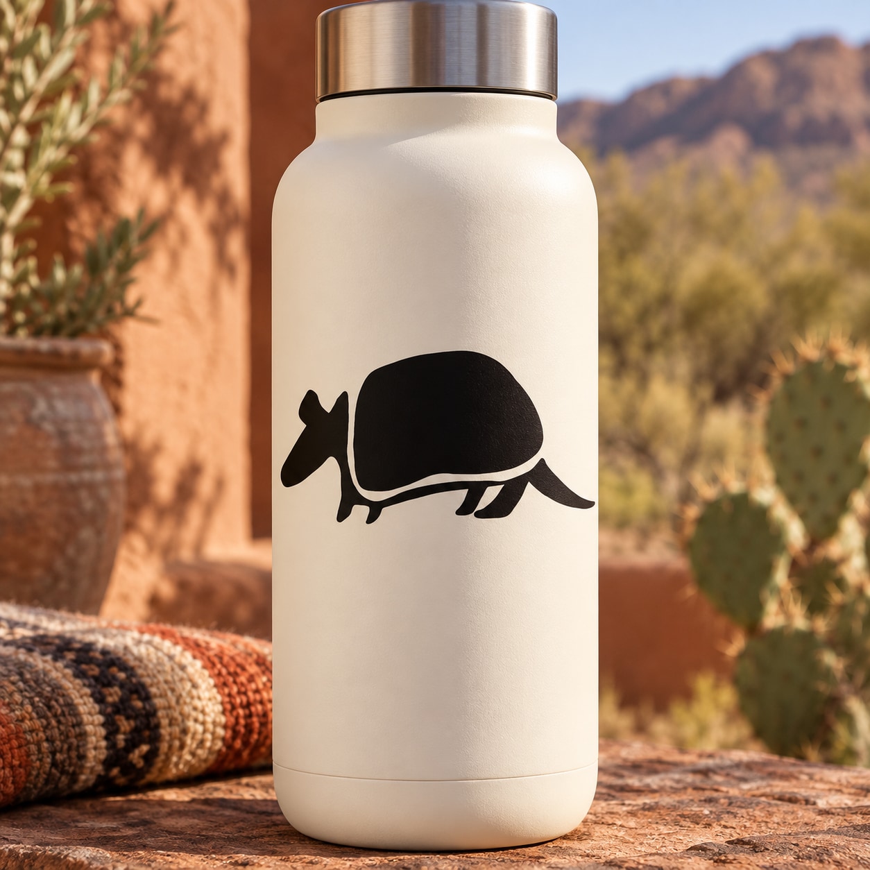 White bottle with black armadillo decal