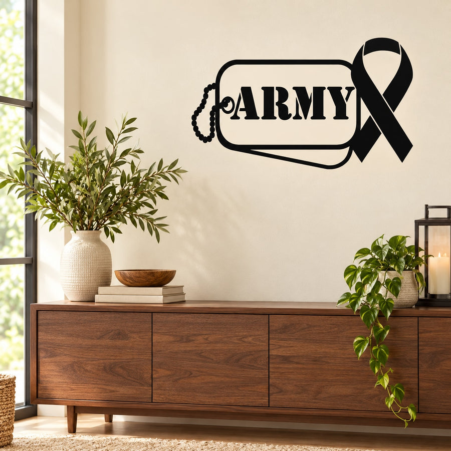 Army Dog Tag with Ribbon Decal — illustrative vinyl decal application mockup. Surrounding objects are not included.