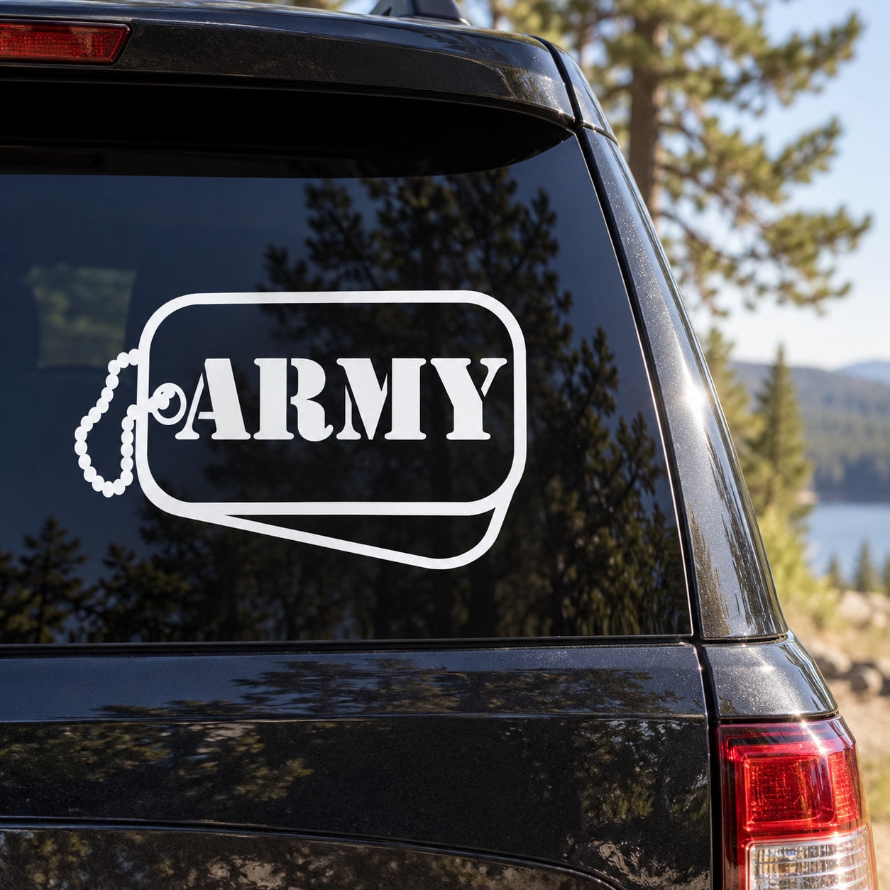 White army dog tag decal with chain and ARMY lettering on car window