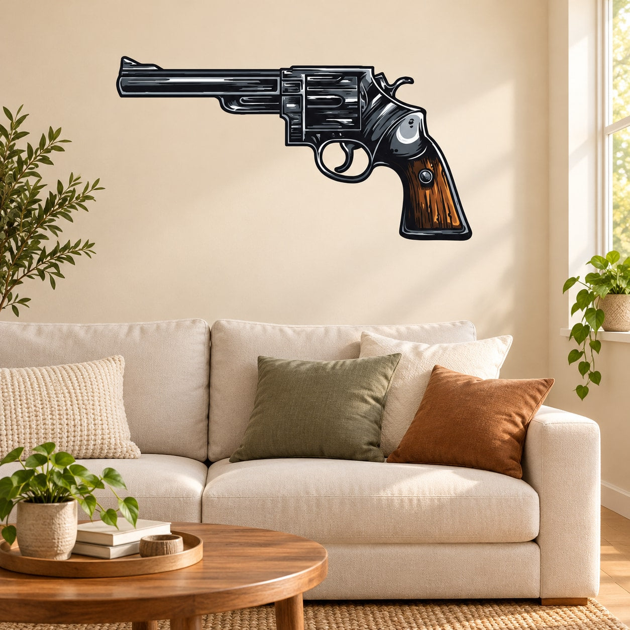 Revolver printed die-cut wall decal with dark metal and brown grip