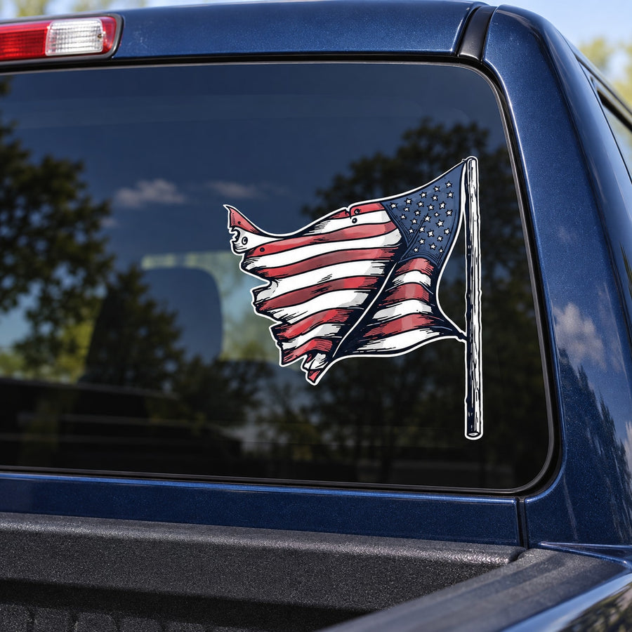 Waving American flag die-cut decal with stars and striped shape on car window