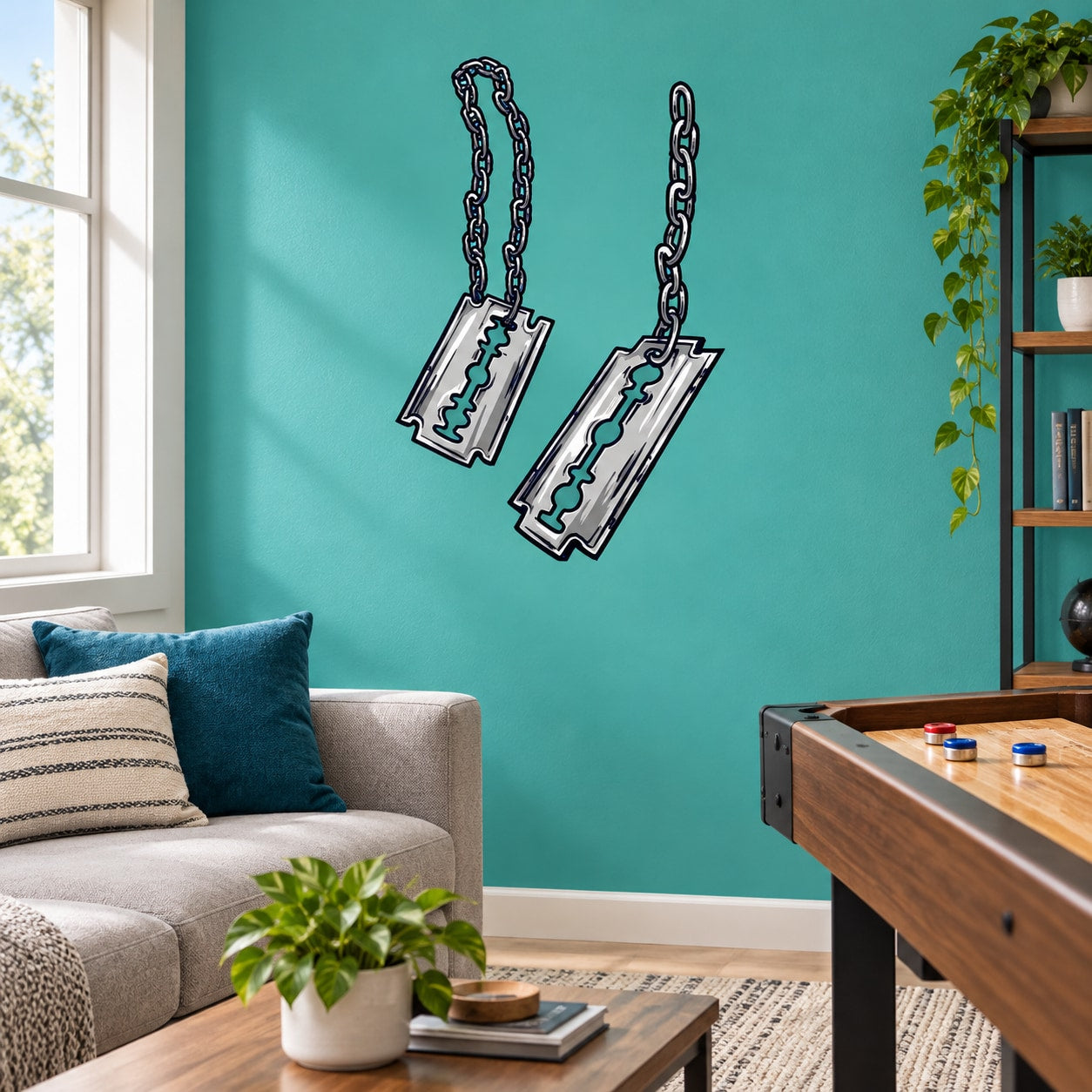 Razorblade-shaped dog tag decal with printed blade motif and chain links