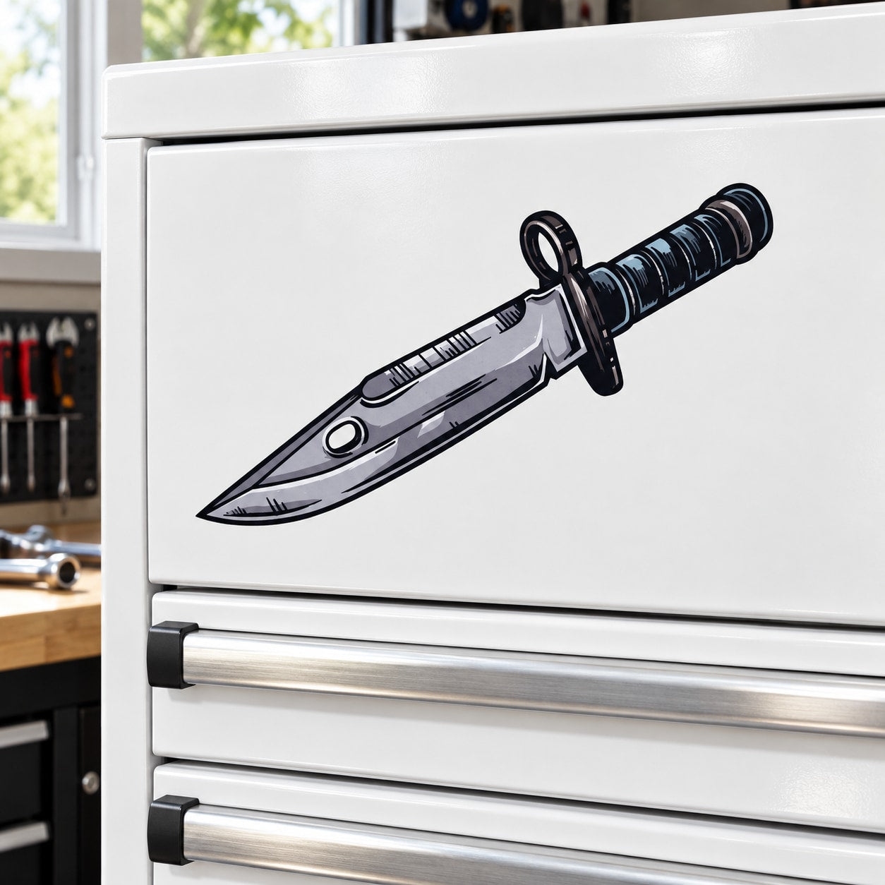 Knife printed die-cut decal sticker with dark dagger and black handle