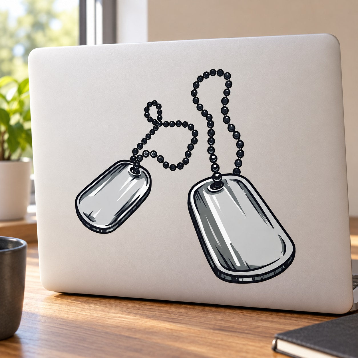 Dog tag printed die-cut decal with two dangling tag icons, black bead chain, shiny silver tags