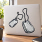 Dog tag printed die-cut decal with two dangling tag icons, black bead chain, shiny silver tags