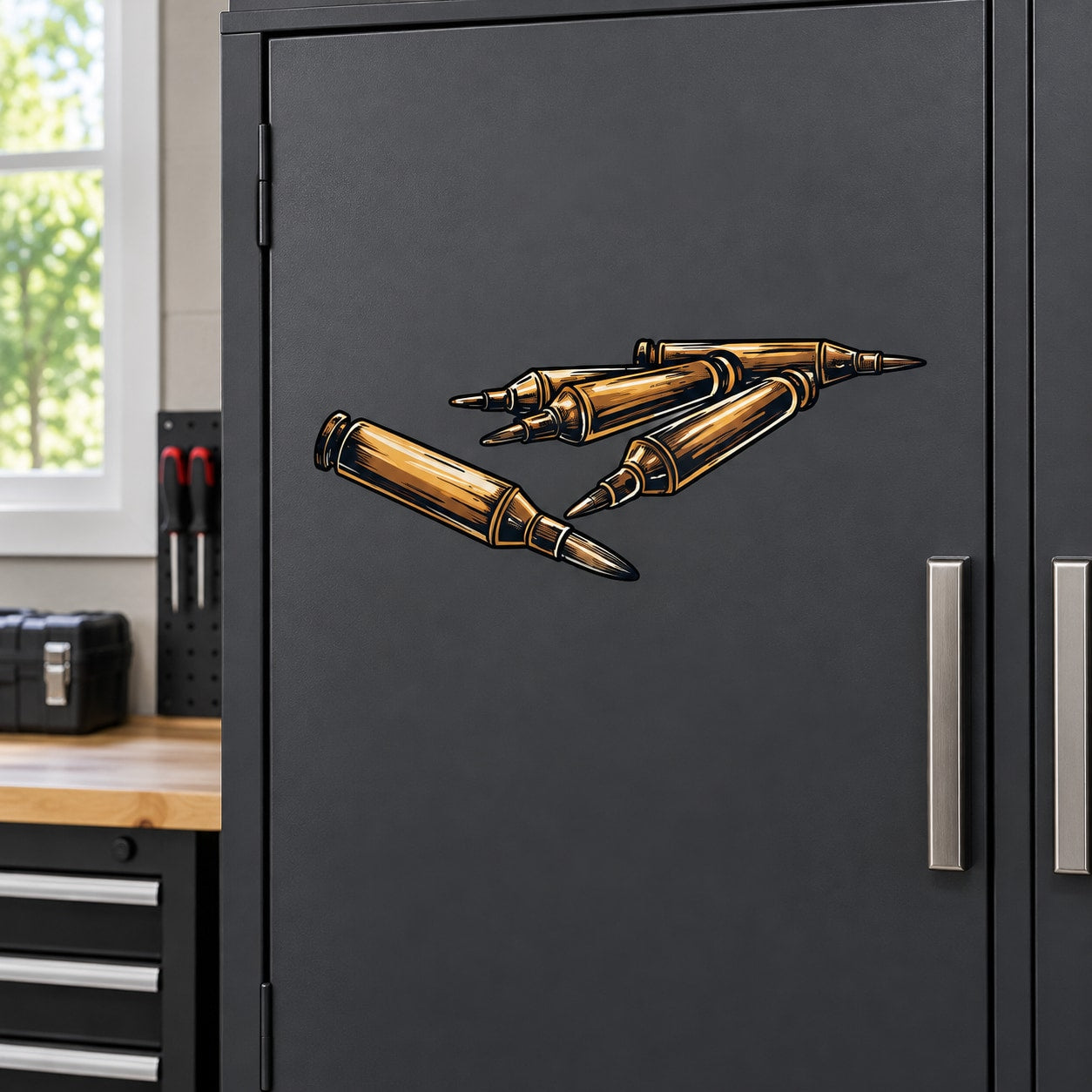 Rifle bullets printed die-cut decal with gold cartridge bullet graphic
