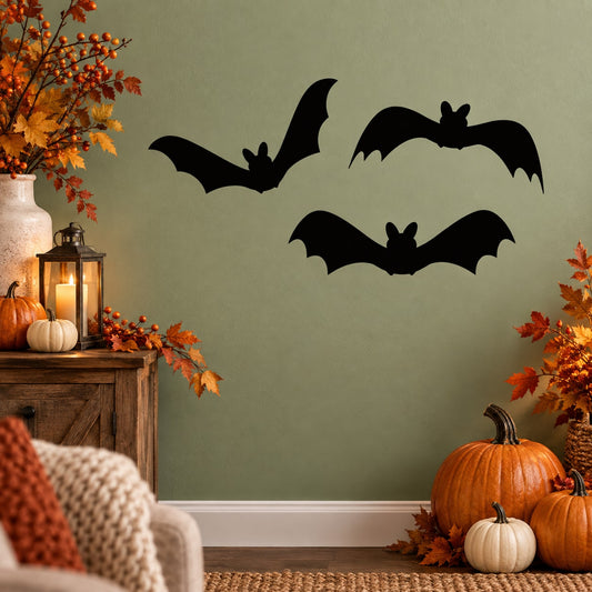 Halloween bat vinyl wall decal set with multiple black bats in flight