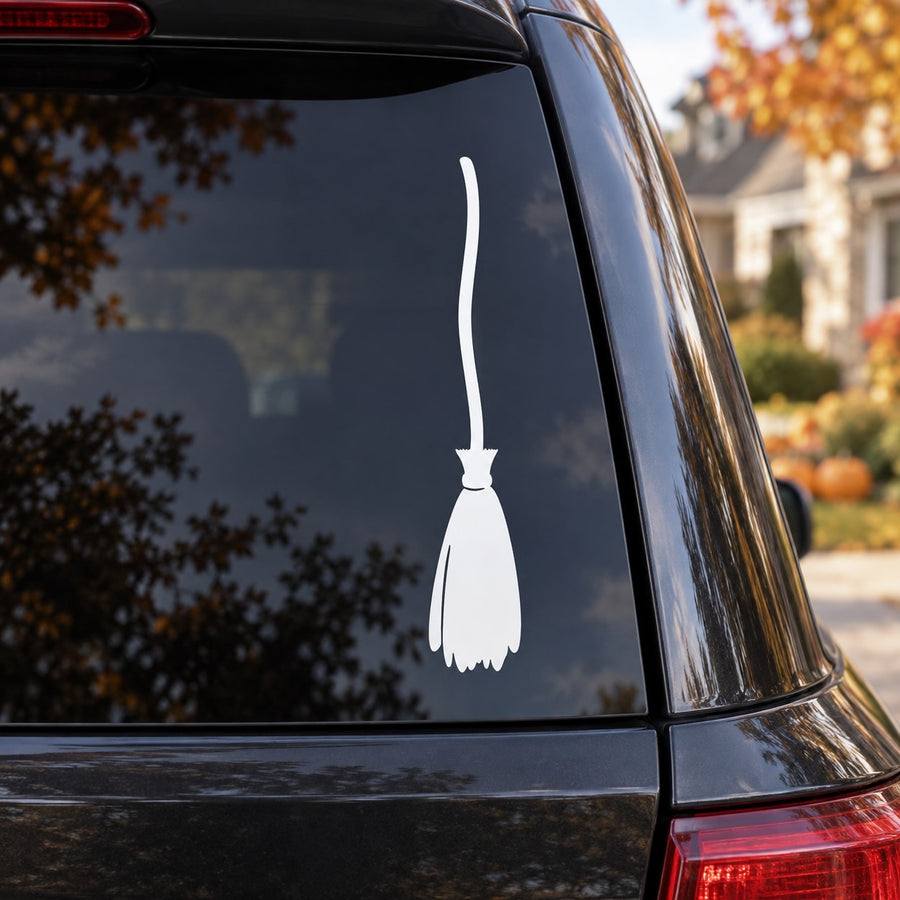 Halloween witch broomstick decal with white broom on car window glass