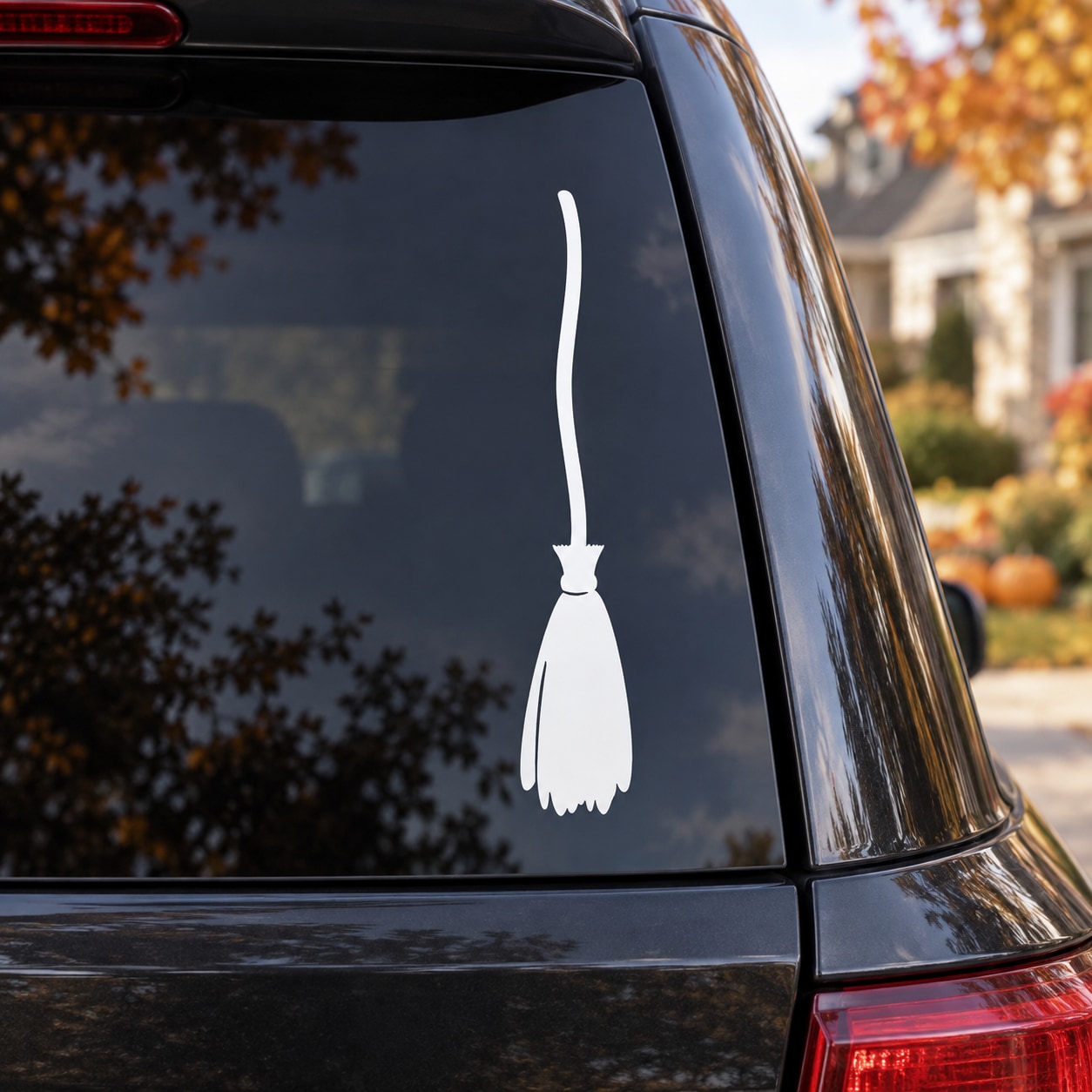 Halloween witch broomstick decal with white broom on car window glass