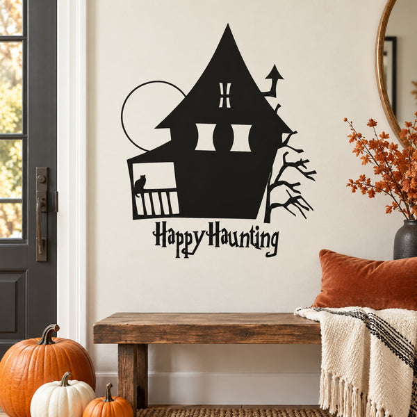 Black haunted house wall decal with bats, web, and “Happy Haunting” text