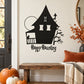 Black haunted house wall decal with bats, web, and “Happy Haunting” text