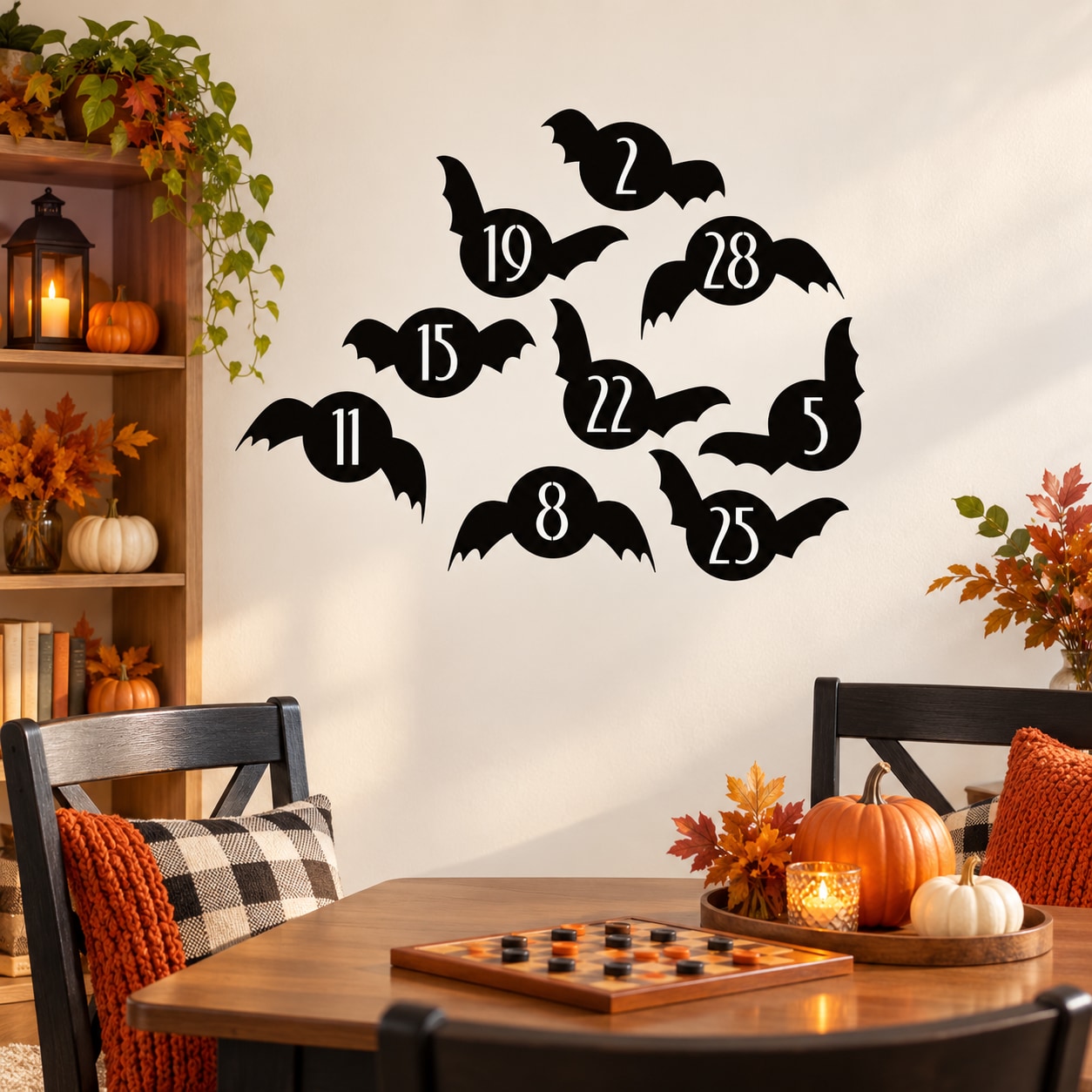 Halloween bat number game vinyl wall decal with numbered bats in black silhouettes